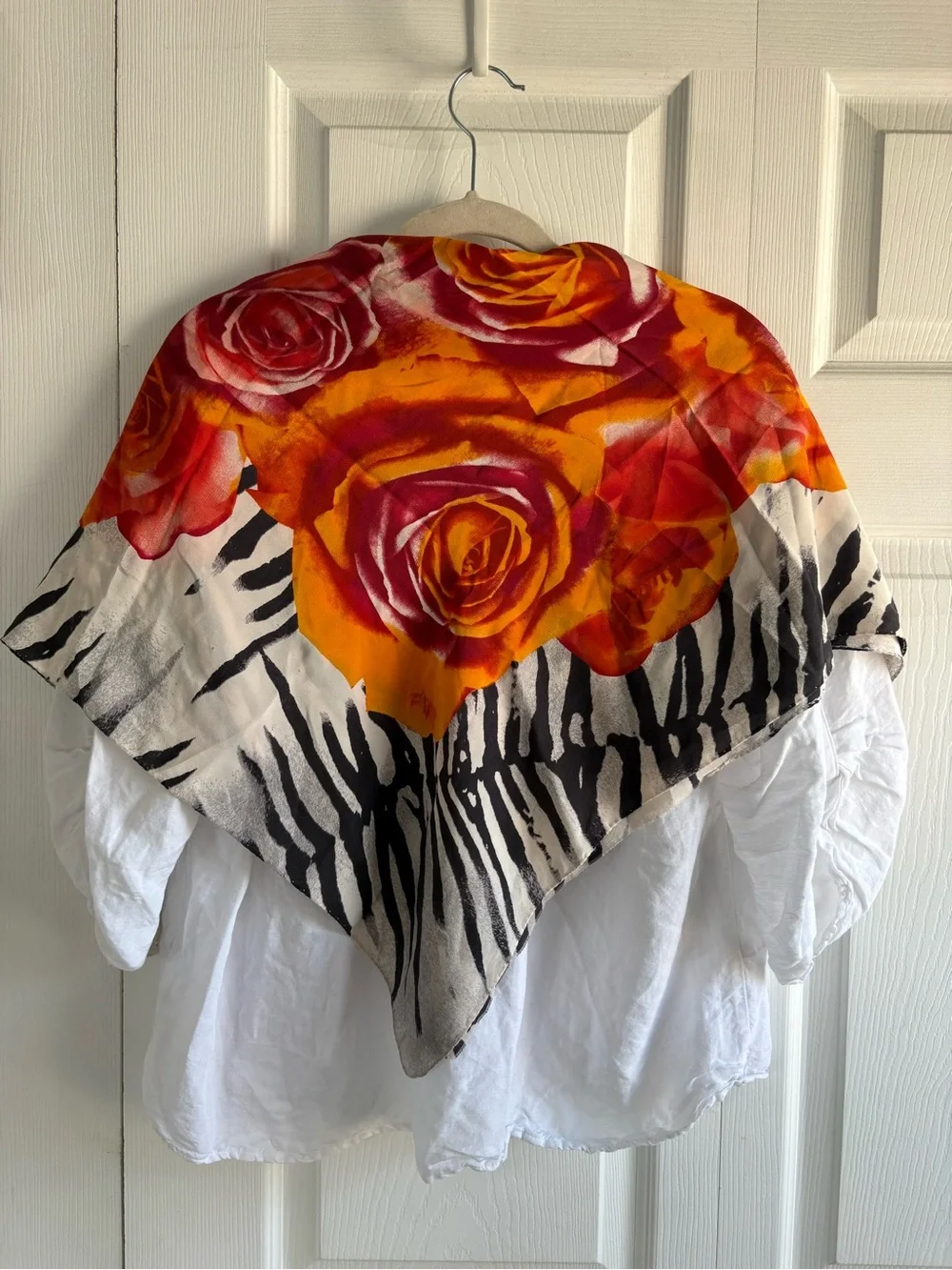 VNTG White Red Orange Silk Zebra Rose Floral Print Square Scarf Career Teacher